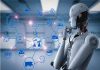 A humanoid robot thinking in front of a digital network of automation icons representing the future of smart logistics.