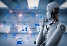 How Automation is shaping the future of logistics? A humanoid robot thinking in front of a digital network of automation icons representing the future of smart logistics.