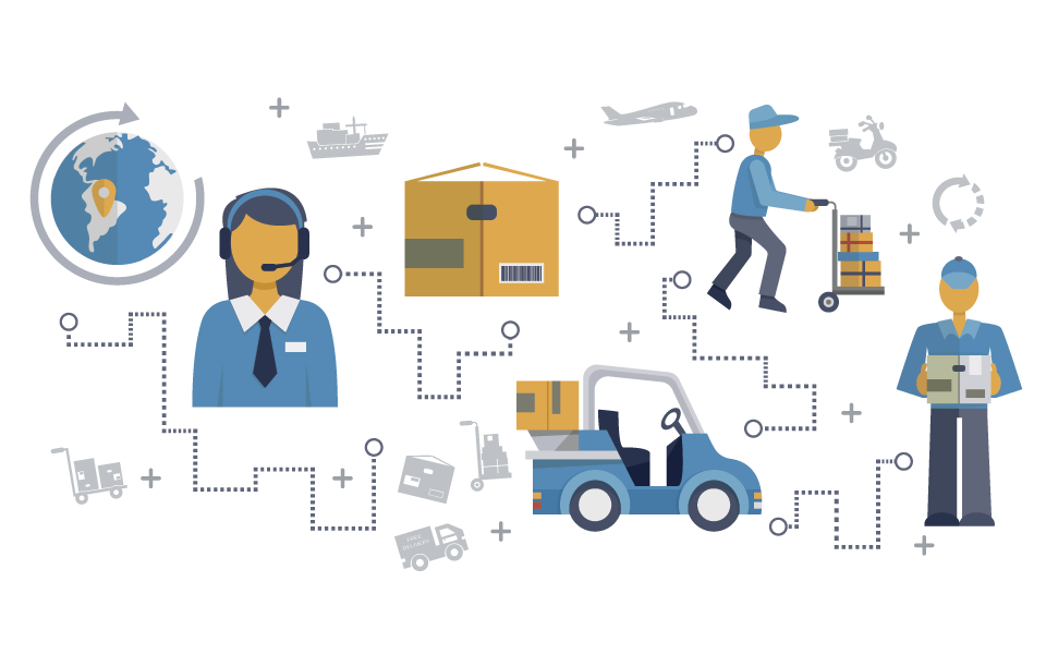 Illustration of eCommerce logistics process with delivery staff, packages, forklift, and global shipping map.