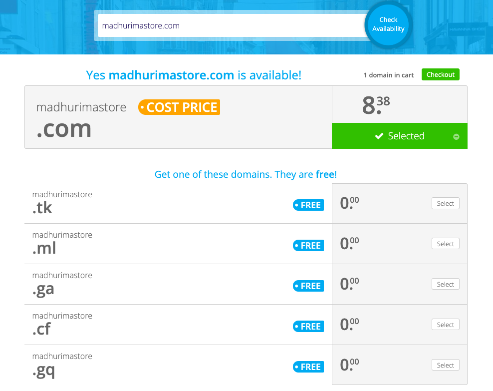 Select a free domain to setup your free online store