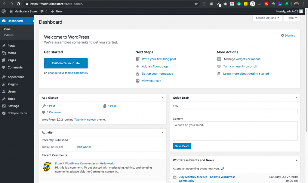 WordPress admin dashboard