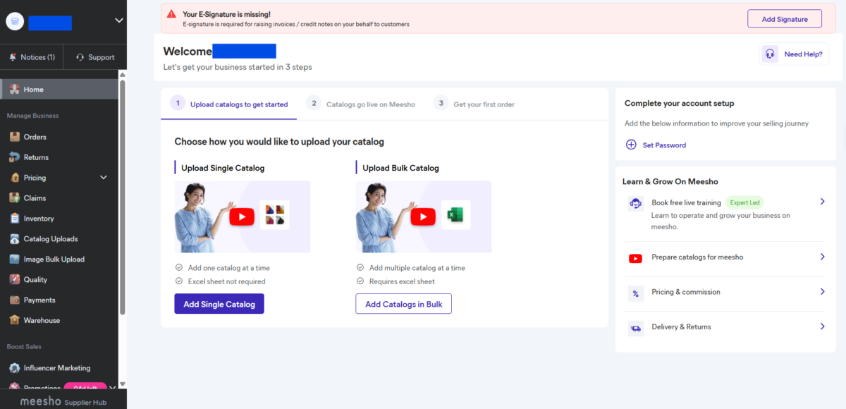 Account created in Meesho, and it's seller dashboard