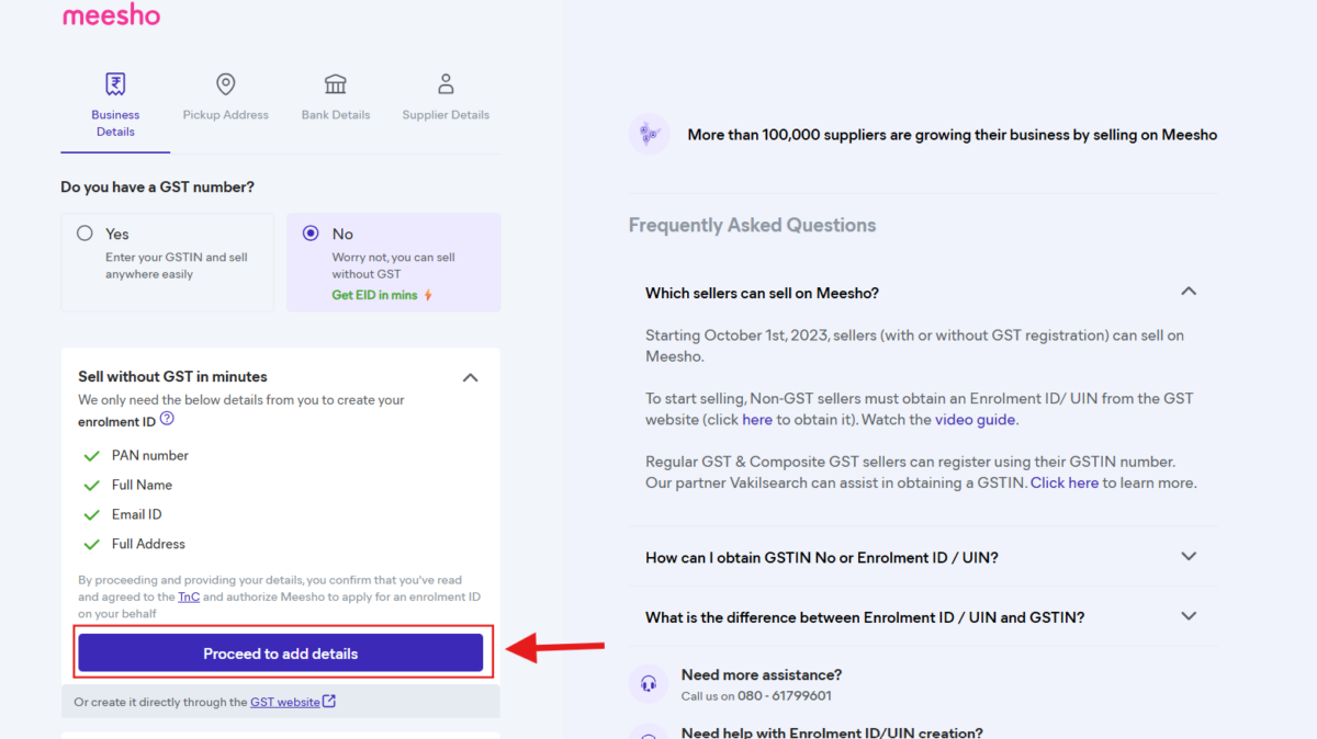 Meesho seller signup business details preview options to select, path of GST number or no gst number