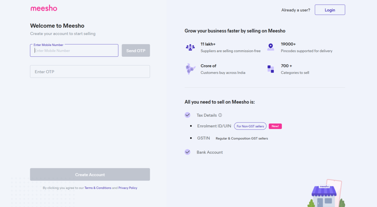 Entering mobile number and OTP to start creating seller account