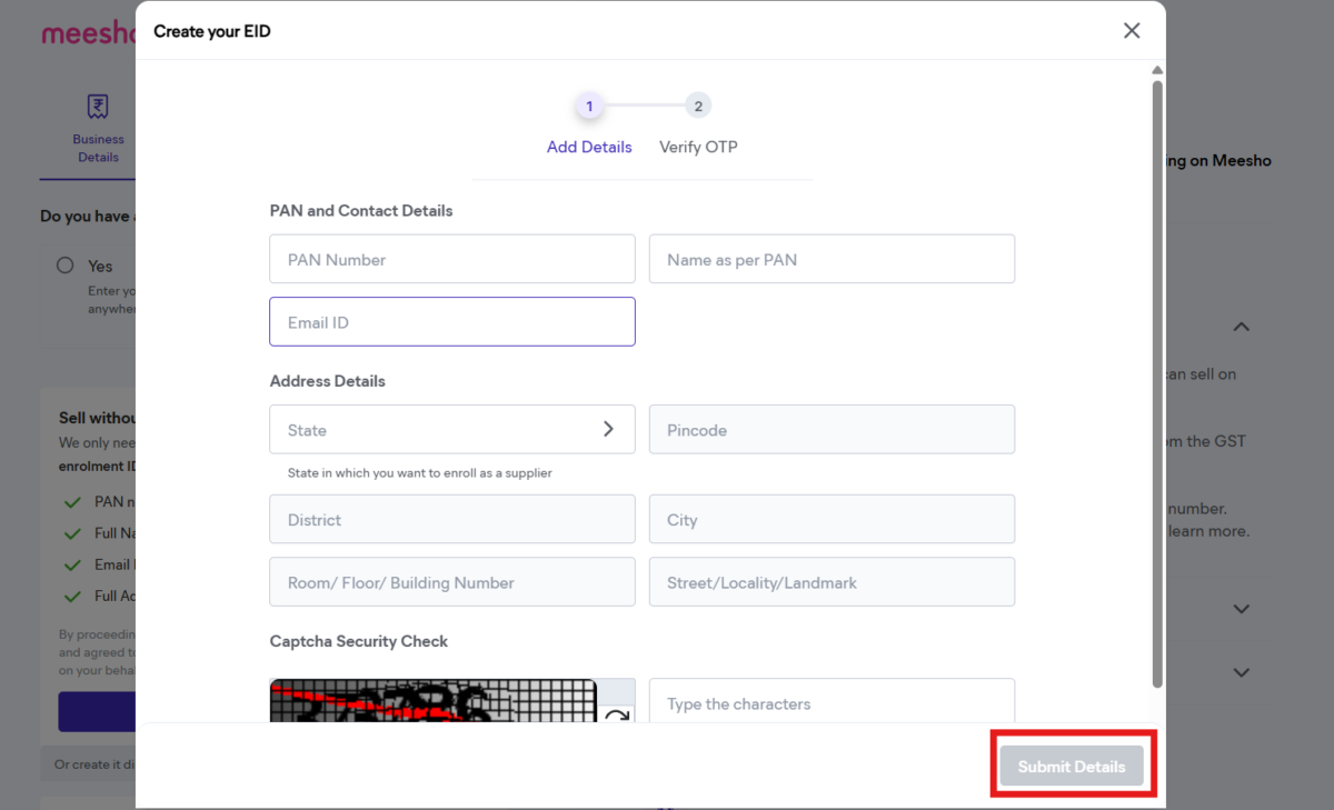 No GST option in Meesho Seller account creation form where pan, email, address, name as per pan card to be filled in order to start selling in Meesho