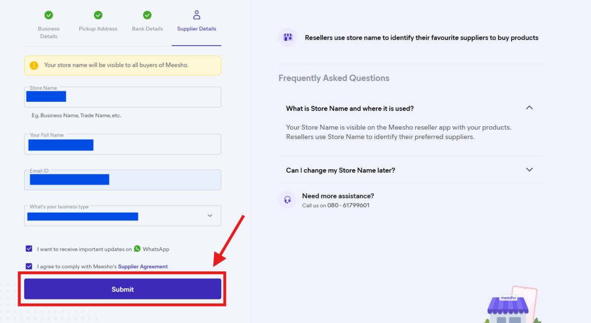Entering the store name, Full name, email ID, business type and submitting the step 4