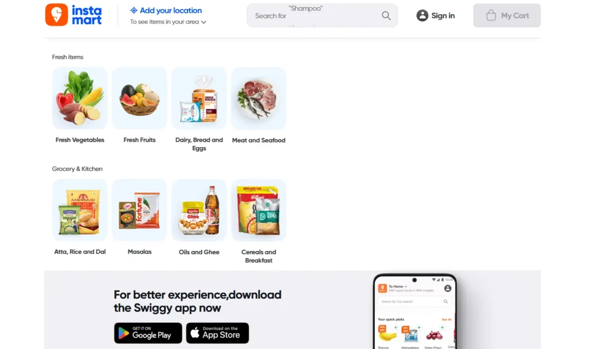 Swiggy Instamart Homepage