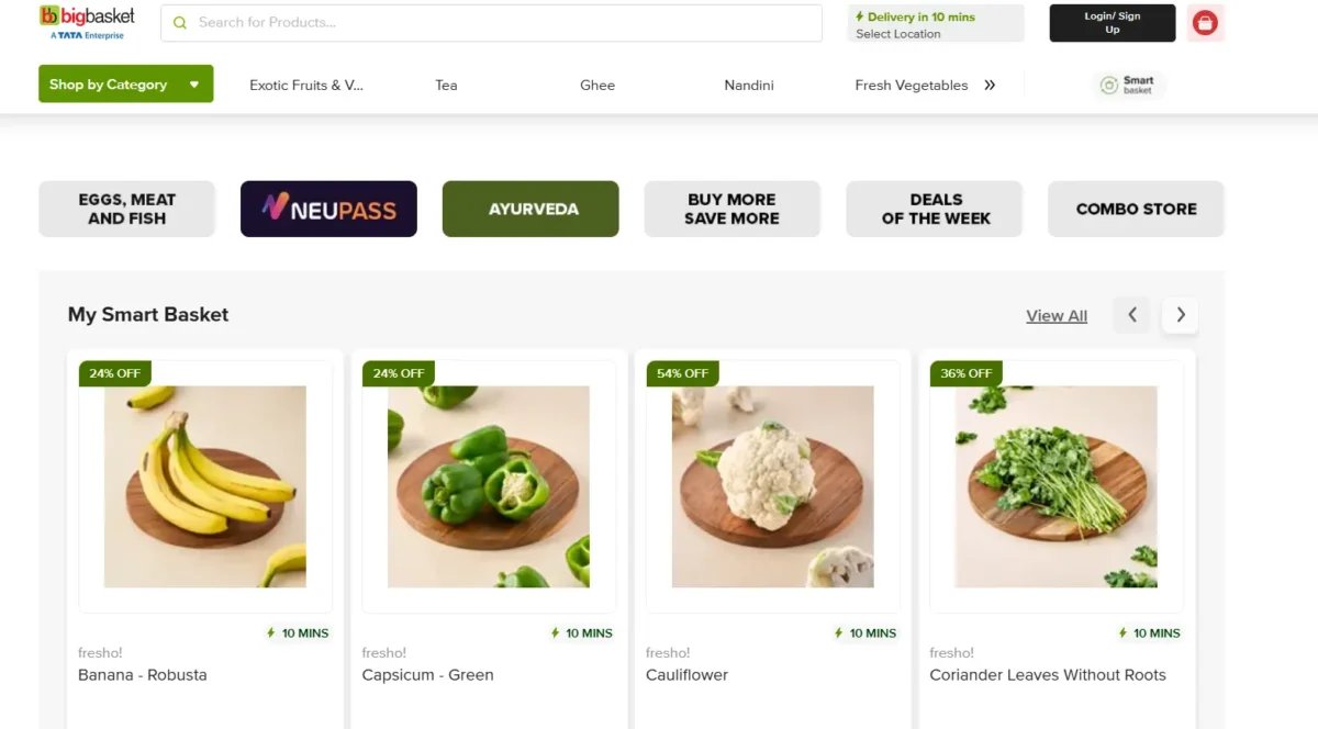 Bigbasket BB Now homepage (Quick commerce)