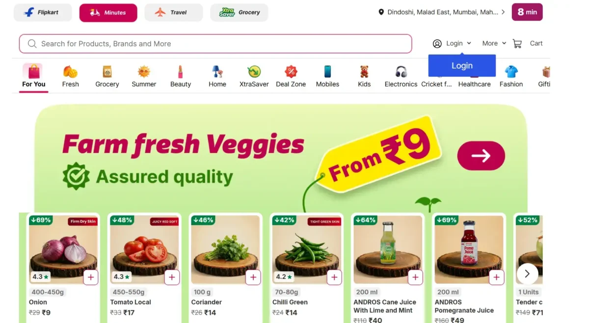 Flipkart minutes homepage (quick commerce services)