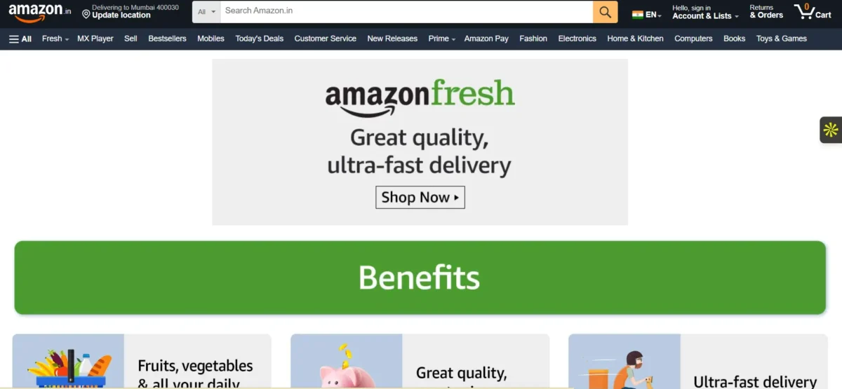 Amazon Now homepage (Amazon quick commerce services)
