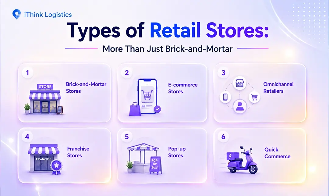 6 types of retail stores are:
1. Brick and Mortar Stores
2. Ecommerce stores
3. Omnichannel retailers
4. Franchise stores
5. Pop-up stores
6. Quick Commerce