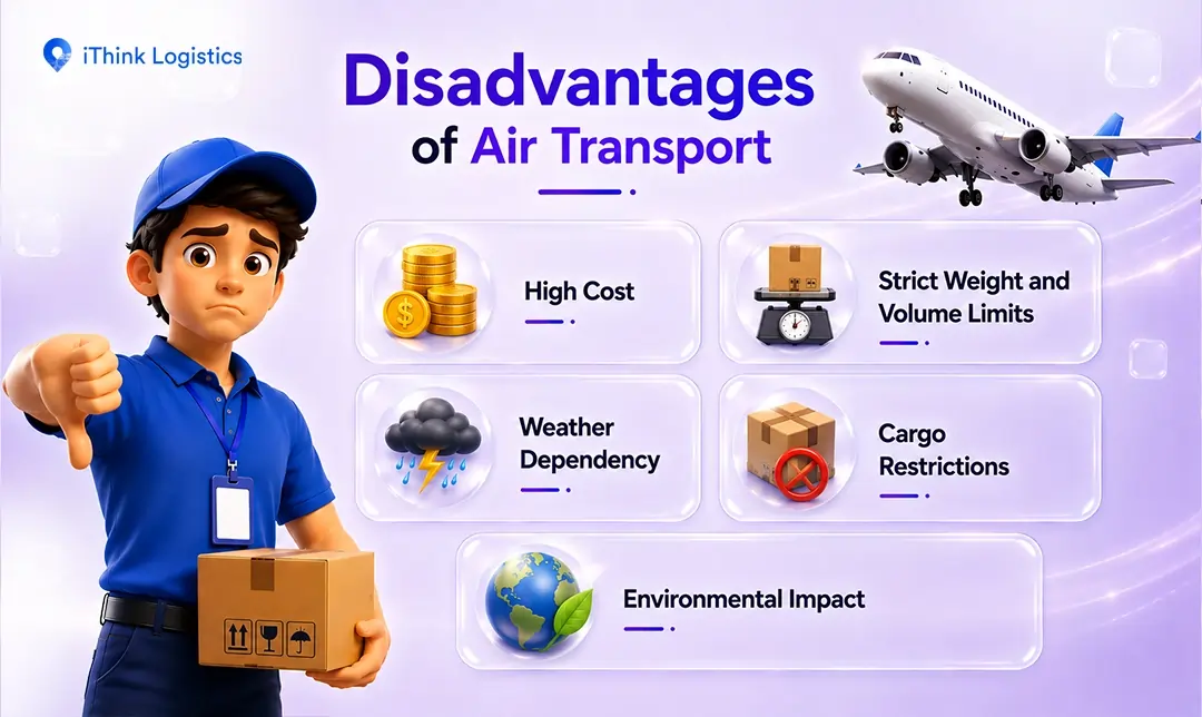 5 disadvantages of air transport like high cost, strict weight and volume limits, weather dependency, cargo restrictions