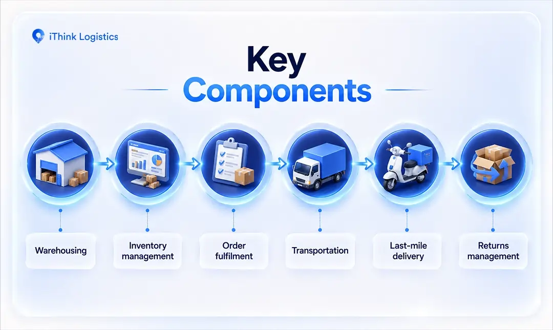 6 key components of outbound logistics, like warehousing, inventory management, order fulfillment, transportation, last-mile delivery, returns management