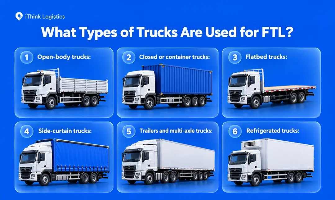 6 main types of trucks are used in FTL are:
1. Open-body trucks
2. Closed or container trucks
3. flatbed trucks
4. side-curtain trucks
5. trailers and multi-axle trucks
6. refrigerated trucks